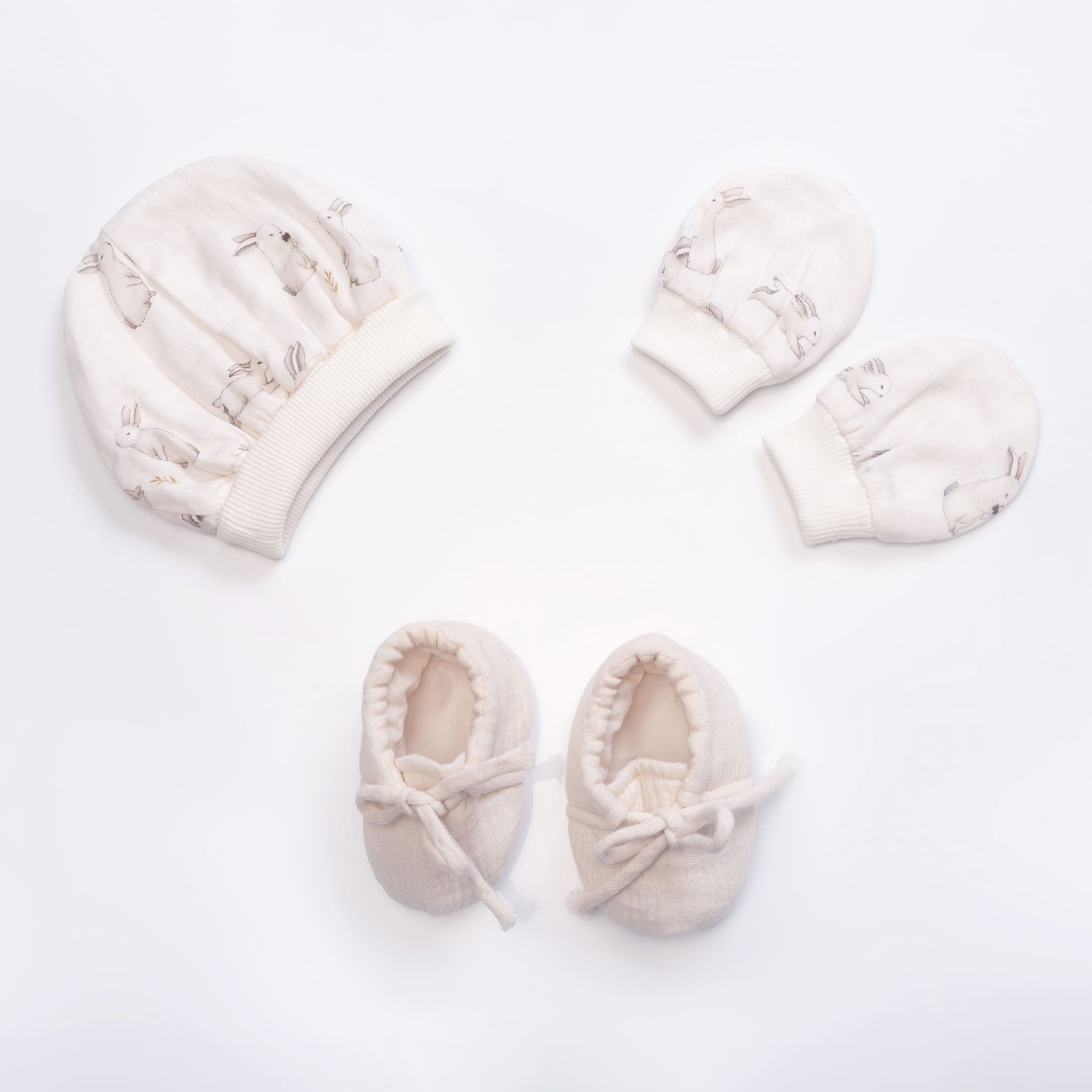 Enchanted Bunny Muslin Cap Mittens and Booties Set - Lil Mulberry