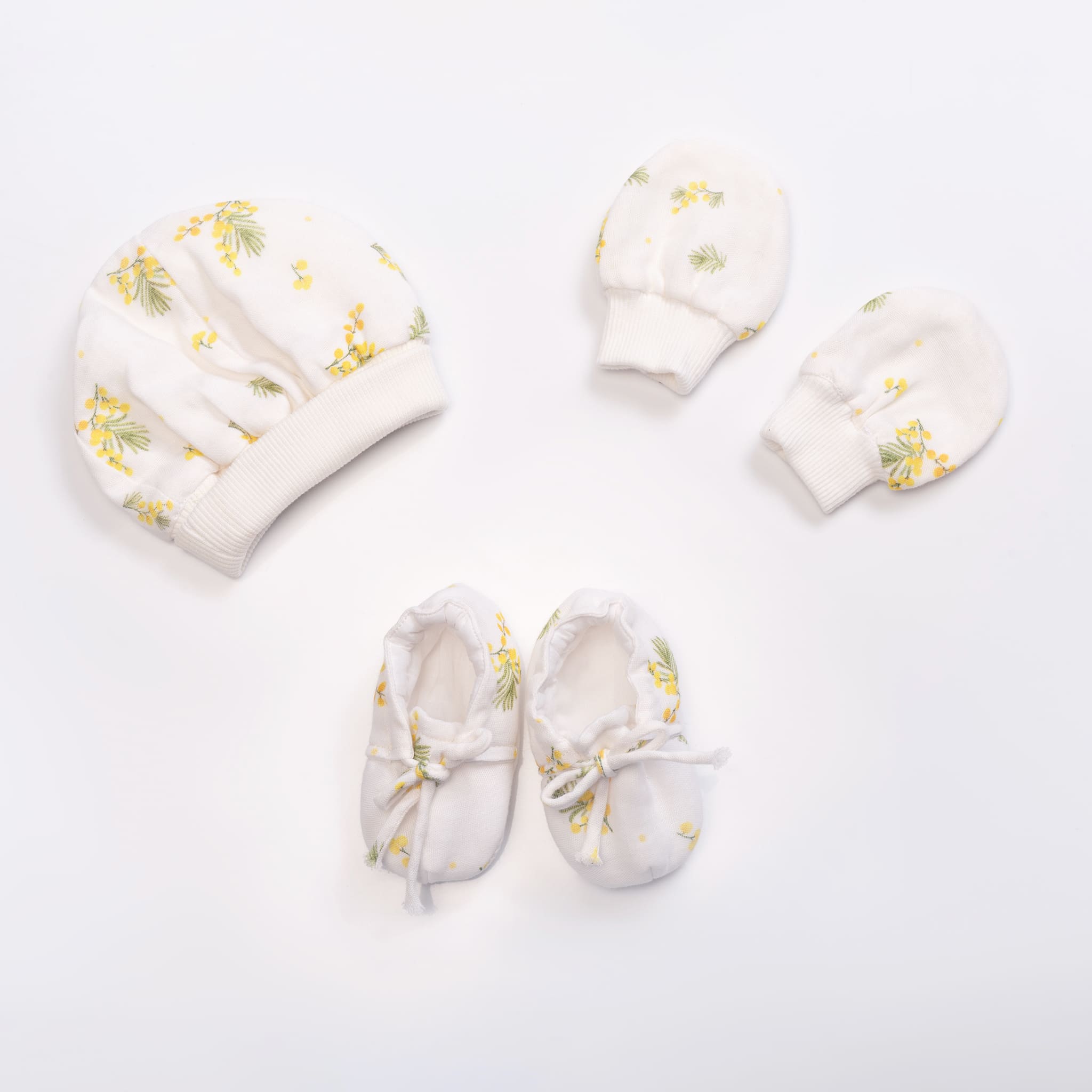 Mimosa Muslin Cap Mittens and Booties Set - Lil Mulberry