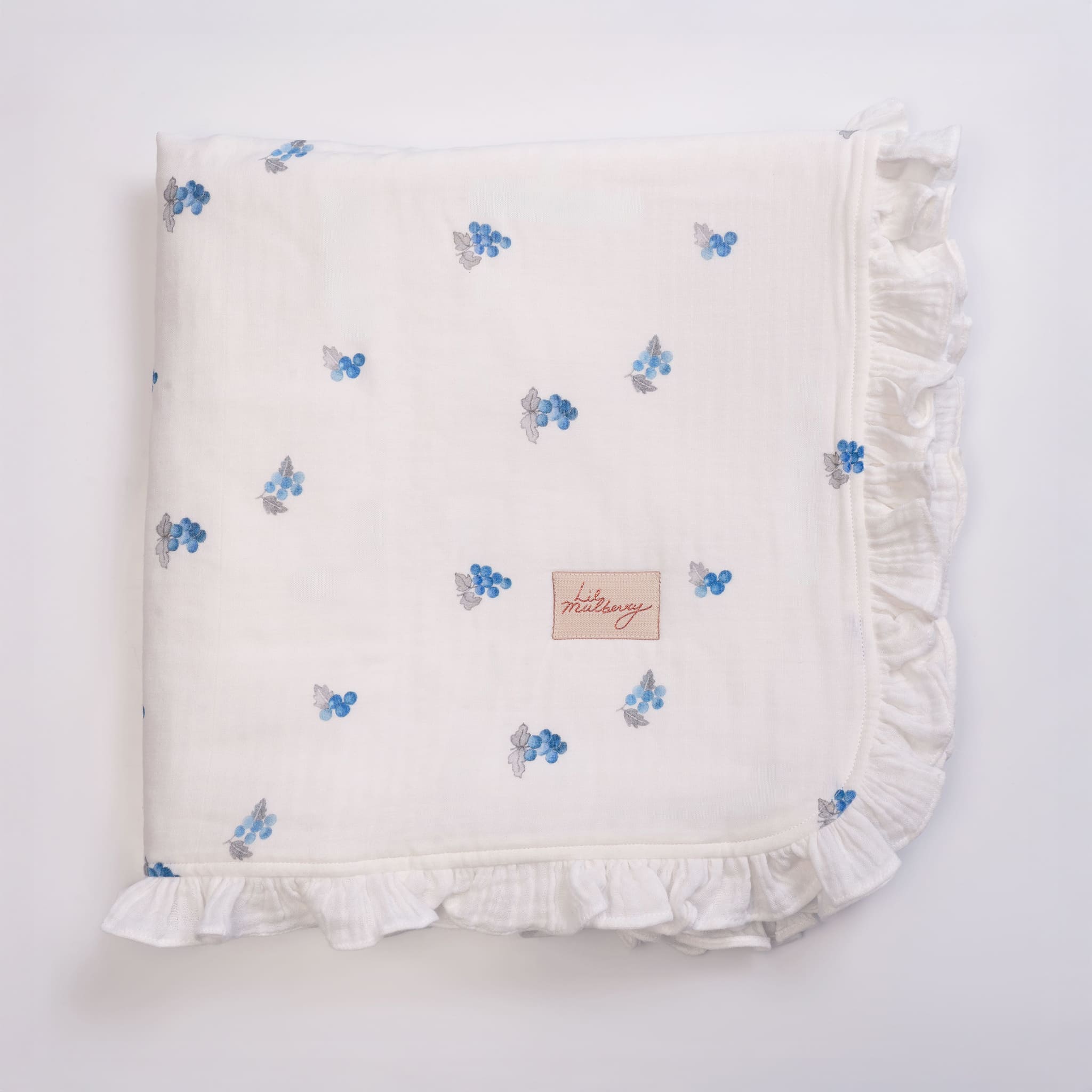 Blueberries Muslin Blanket with Frills - Lil Mulberry