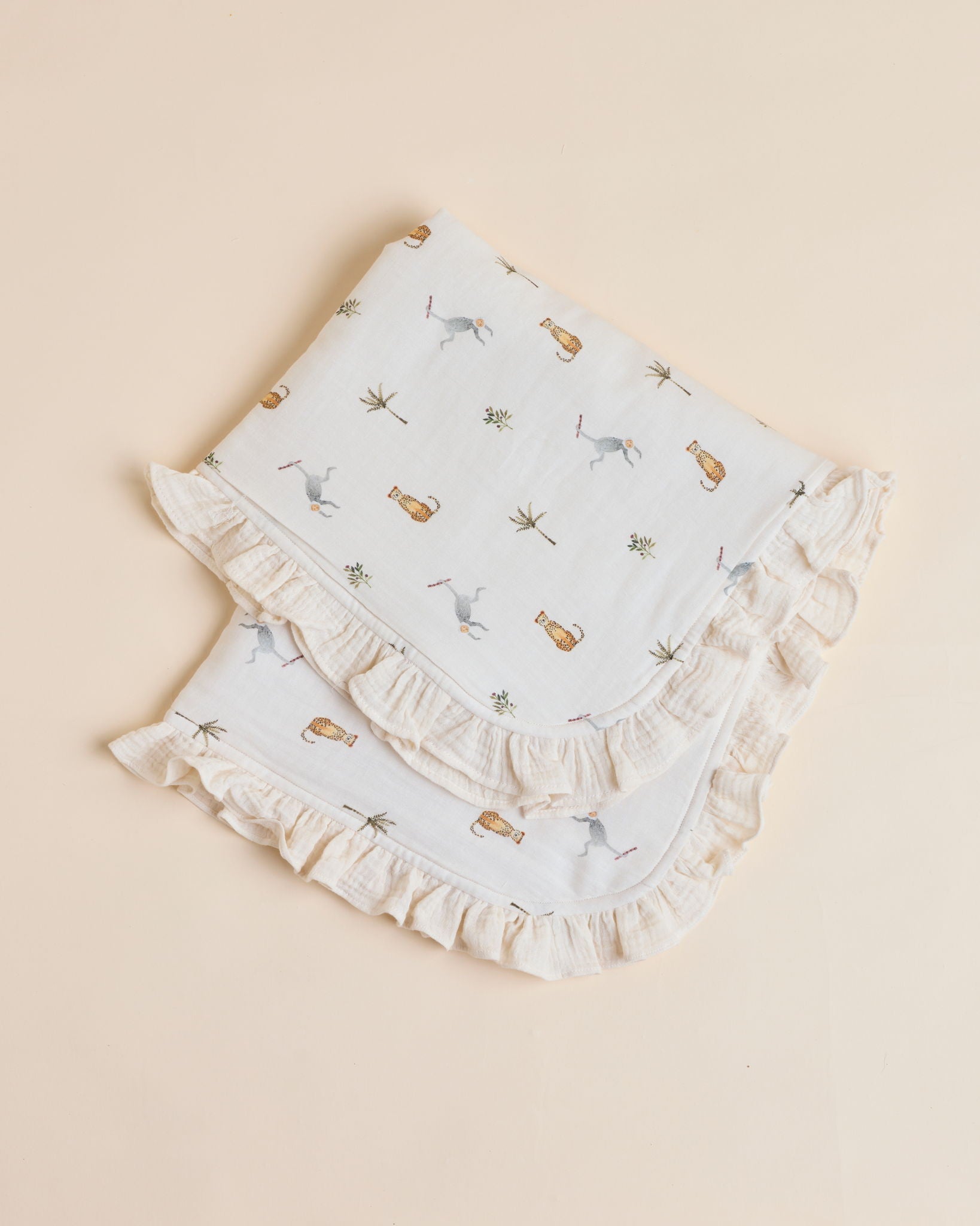 Monkey Cheetah Muslin Blanket with Frills - Lil Mulberry