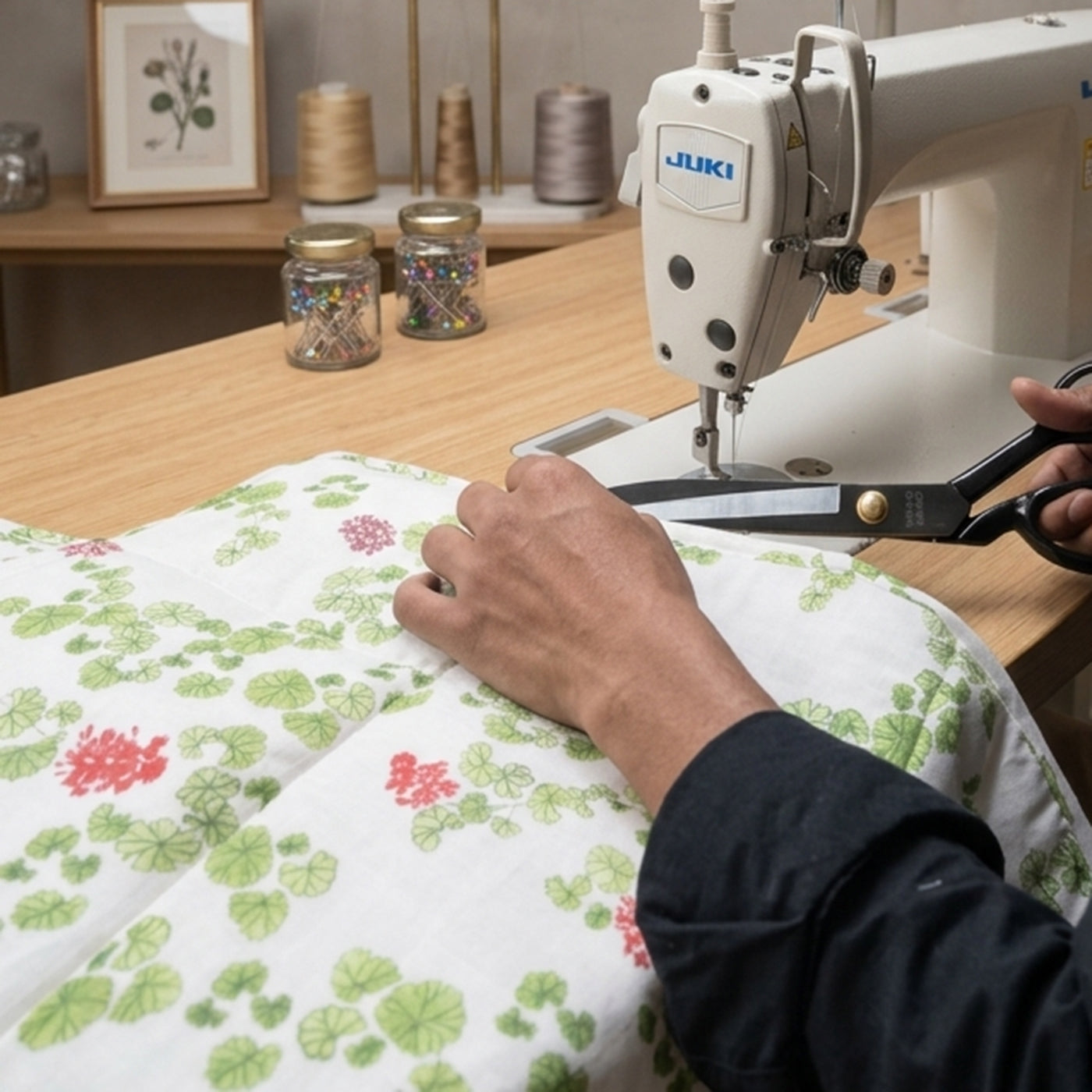 Hands guiding geranium-print organic cotton under a sewing machine in the Lil Mulberry studio in Bangalore